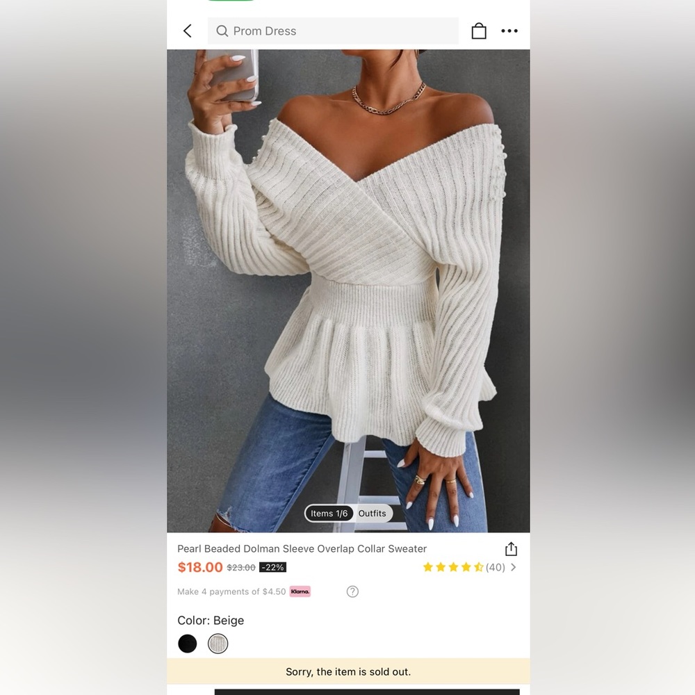 Pearl Beaded Dolman Sleeve Overlap Collar Sweater